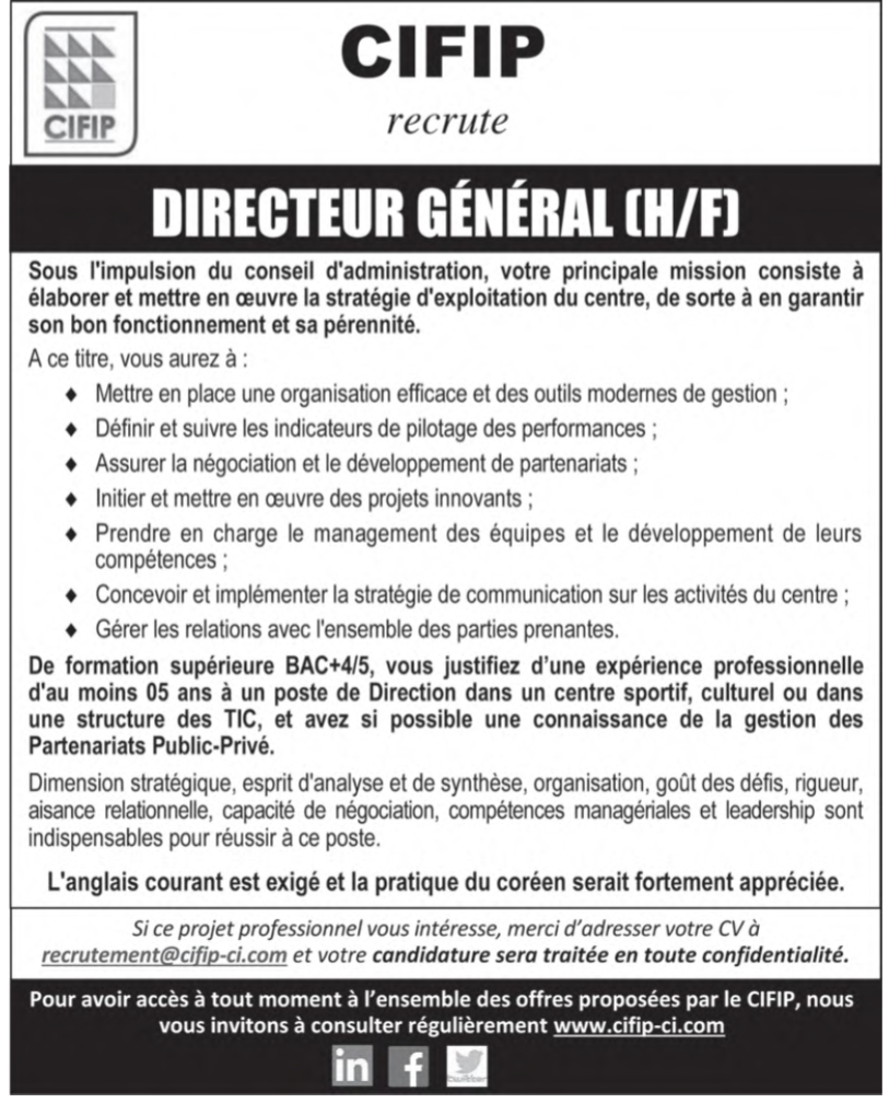 Recrutement de 01 Directeur Général (H/F)